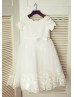 Ivory Satin Tulle Lace Scalloped Neckline Knee Length Flower Girl Dress